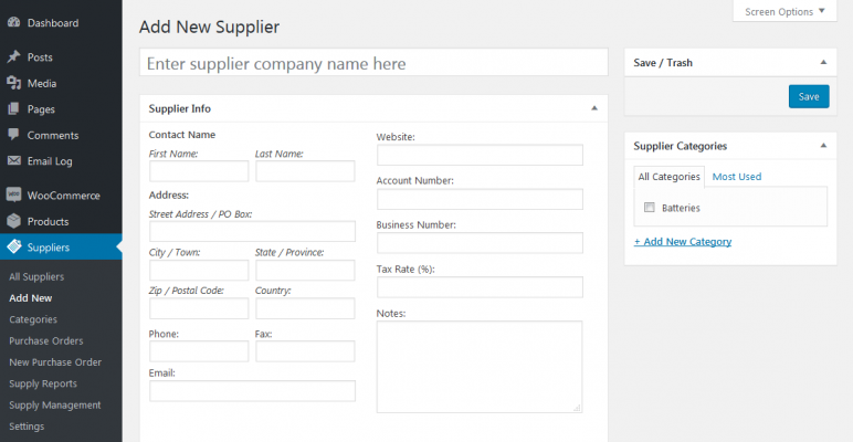 Add new supplier page screenshot