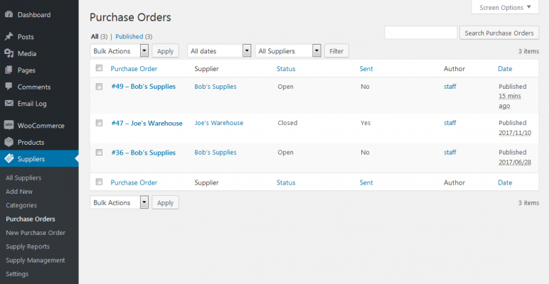 Purchase orders list screenshot